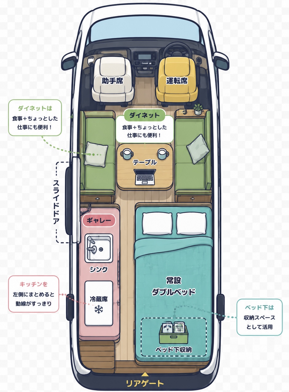 カップル・2人旅仕様の上面図：ダイネット／ギャレー（シンク・冷蔵庫）／常設ダブルベッド／ベッド下収納