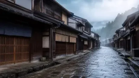 霧の宿場町の石畳