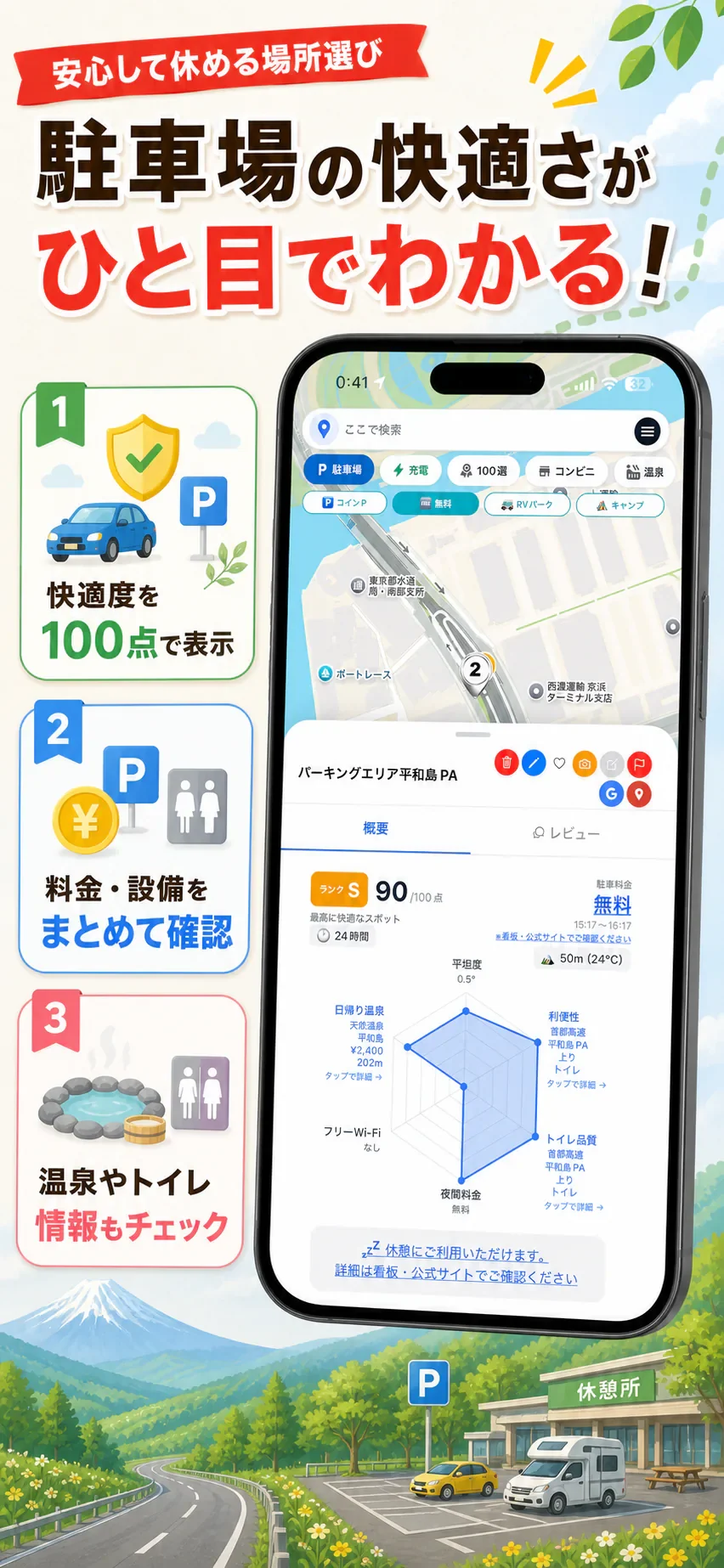 駐車場の快適さを100点満点で採点する画面