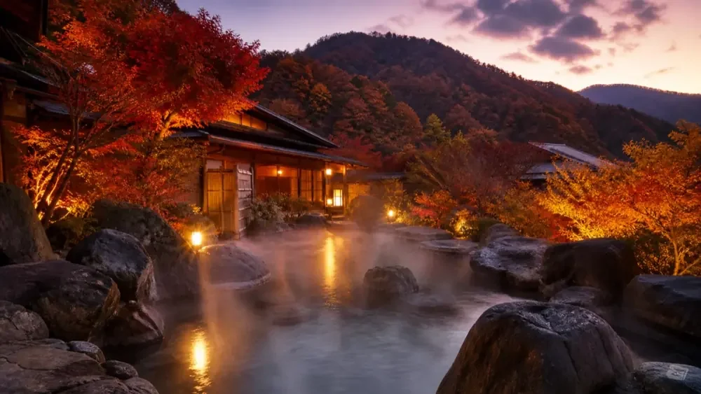 山あいの温泉旅館の露天風呂、紅葉と夕暮れ