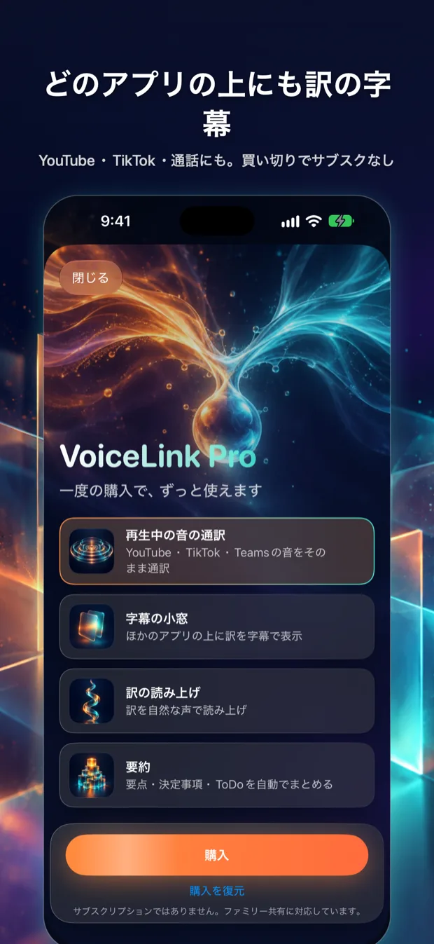 VoiceLink Pro の機能と買い切りの購入画面
