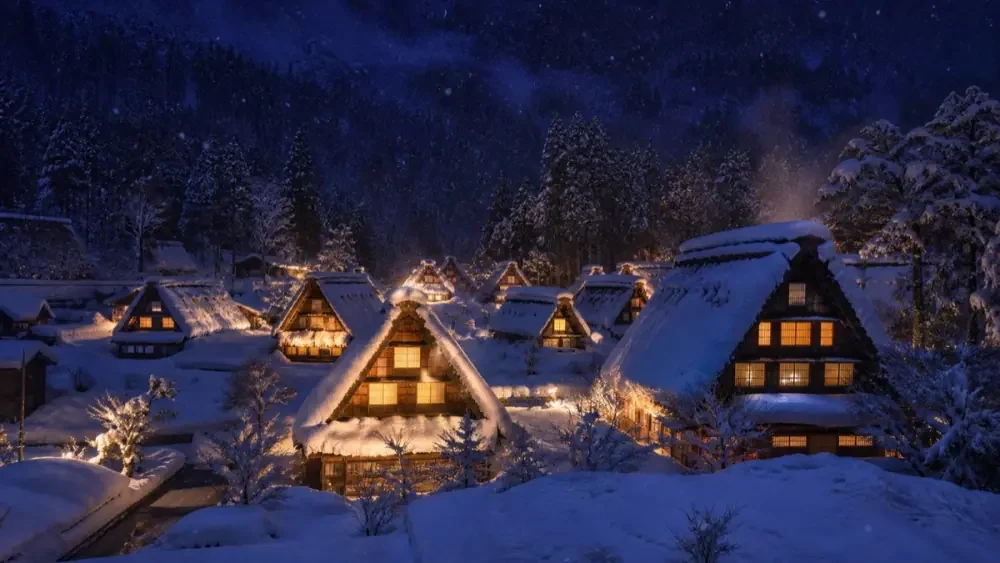 雪の茅葺き集落の夜